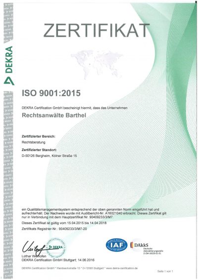 DEKRA-Zertifikat 2015 ISO 9001 2015