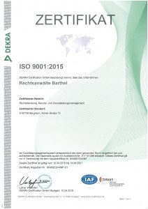 DEKRA-Zertifikat 2015 ISO 9001 2015 Bergheim